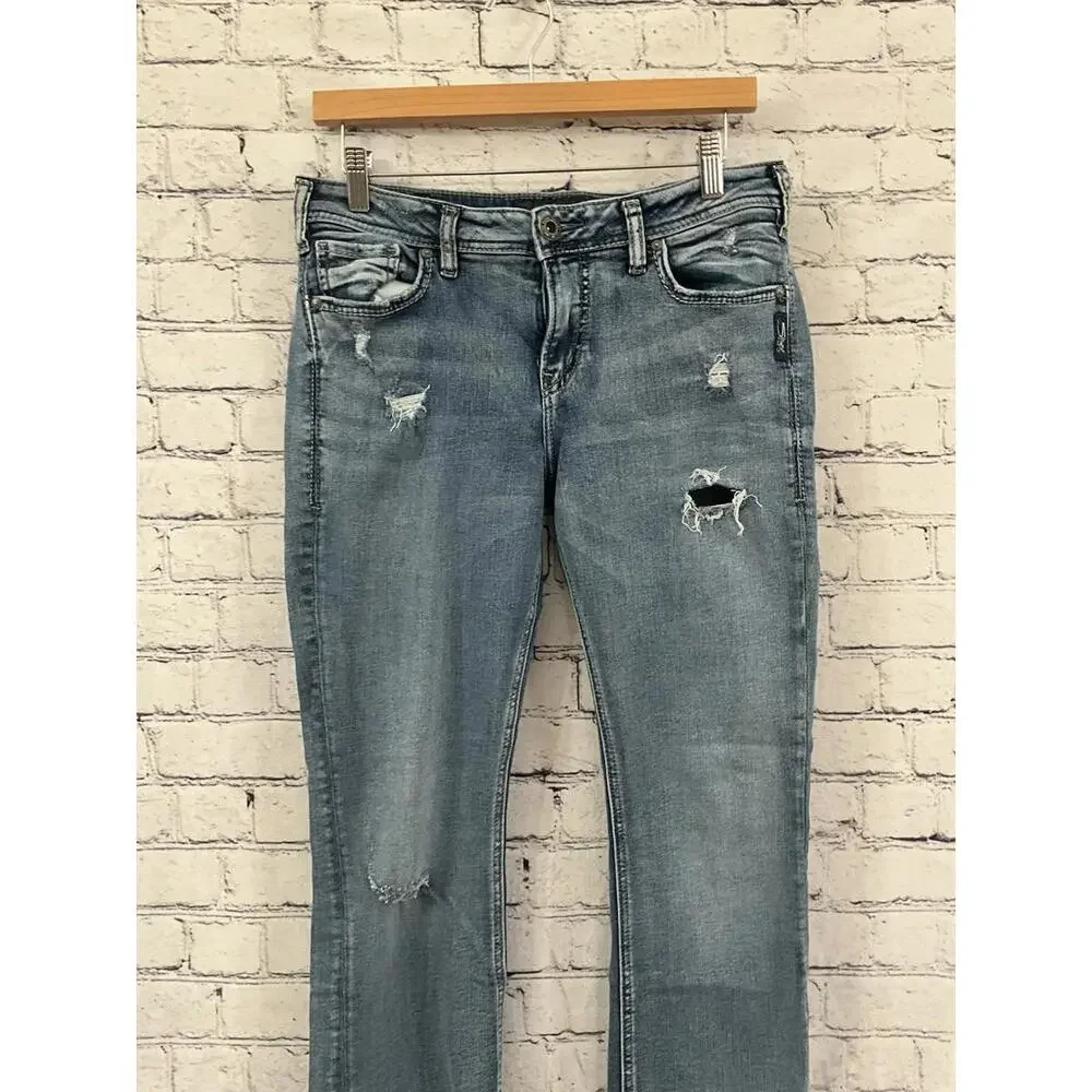 Silver Jeans Womens 30x31 Blue Suki Mid Slim Boot Distressed‎ Pants Denim